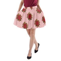 Pink Polka Dot Background With Red Roses A-line Pocket Skirt