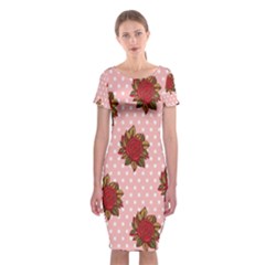 Pink Polka Dot Background With Red Roses Classic Short Sleeve Midi Dress