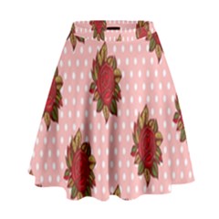 Pink Polka Dot Background With Red Roses High Waist Skirt by Nexatart