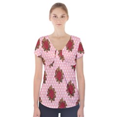 Pink Polka Dot Background With Red Roses Short Sleeve Front Detail Top by Nexatart