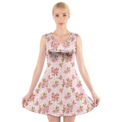 Beautiful Hand Drawn Flowers Pattern V-neck Sleeveless Skater Dress