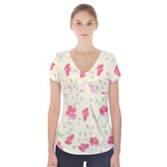 Seamless Flower Pattern Short Sleeve Front Detail Top by TastefulDesigns