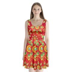 Red And Orange Floral Geometric Pattern Split Back Mini Dress  by LovelyDesigns4U