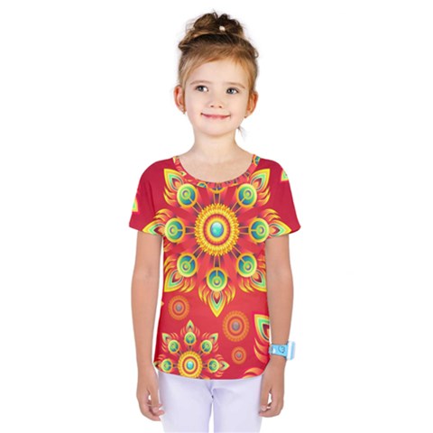 Red And Orange Floral Geometric Pattern Kids  One Piece Tee by LovelyDesigns4U