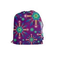 Purple And Green Floral Geometric Pattern Drawstring Pouches (large)  by LovelyDesigns4U