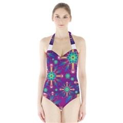 Purple And Green Floral Geometric Pattern Halter Swimsuit by LovelyDesigns4U