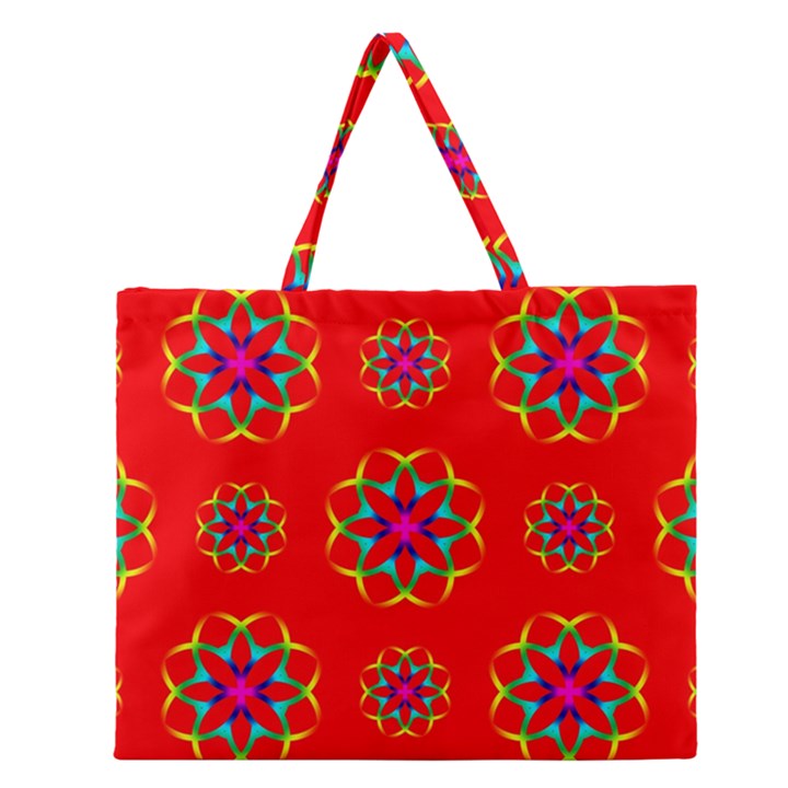 Rainbow Colors Geometric Circles Seamless Pattern On Red Background Zipper Large Tote Bag