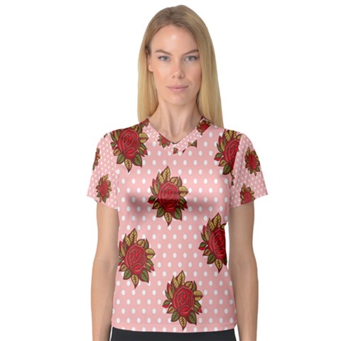Pink Polka Dot Background With Red Roses Women s V-neck Sport Mesh Tee by Nexatart