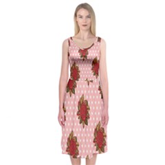 Pink Polka Dot Background With Red Roses Midi Sleeveless Dress by Nexatart