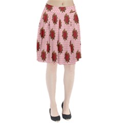 Pink Polka Dot Background With Red Roses Pleated Skirt by Nexatart