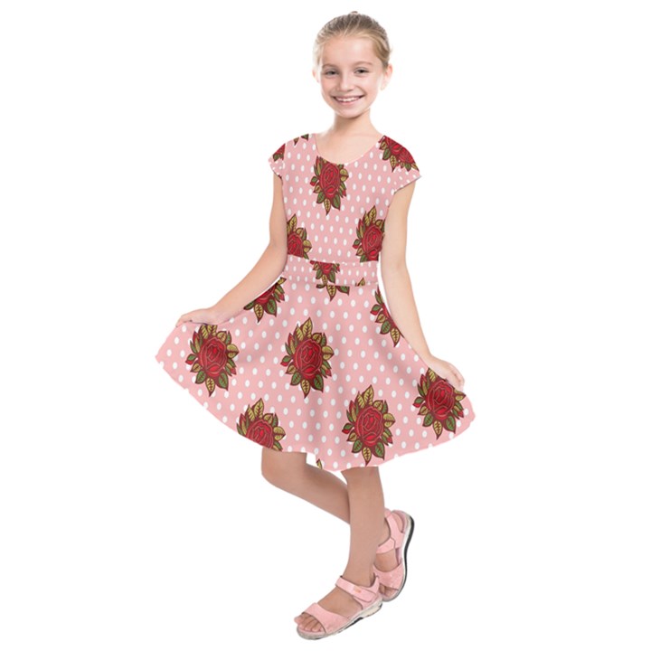 Pink Polka Dot Background With Red Roses Kids  Short Sleeve Dress