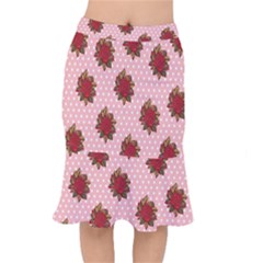 Pink Polka Dot Background With Red Roses Mermaid Skirt