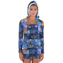 Blue Squares Abstract Background Of Blue And Purple Squares Women s Long Sleeve Hooded T-shirt