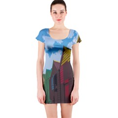 Brightly Colored Dressing Huts Short Sleeve Bodycon Dress