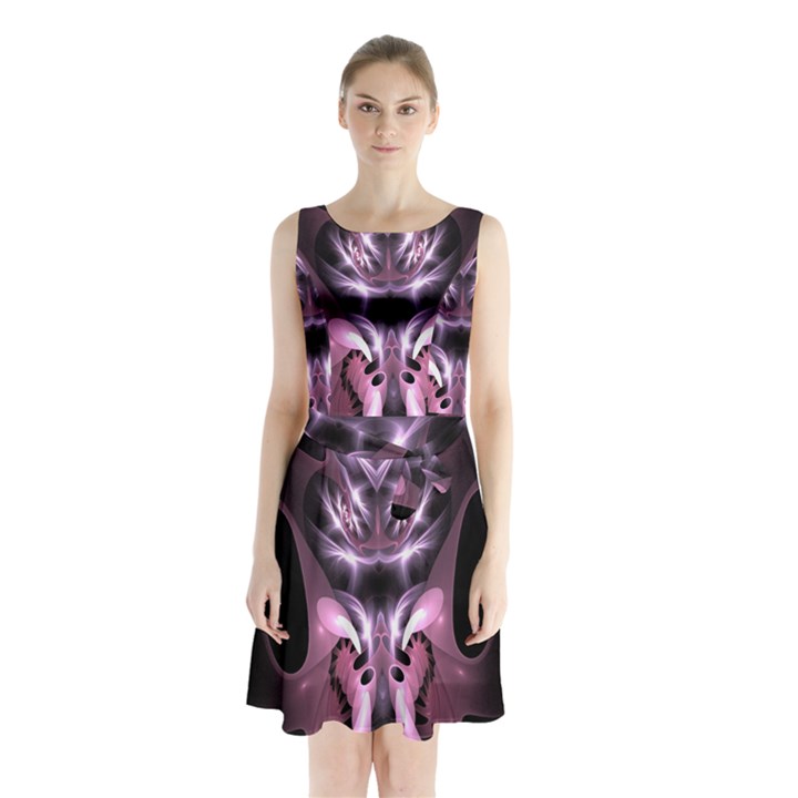 Angry Mantis Fractal In Shades Of Purple Sleeveless Chiffon Waist Tie Dress