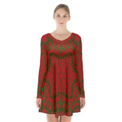 Christmas Kaleidoscope Long Sleeve Velvet V-neck Dress by Nexatart