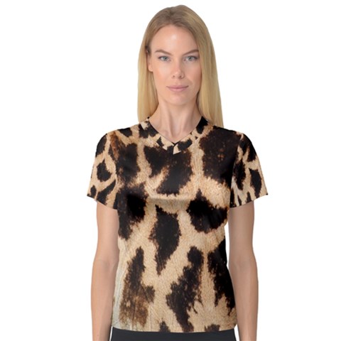 Giraffe Texture Yellow And Brown Spots On Giraffe Skin Women s V-neck Sport Mesh Tee by Nexatart