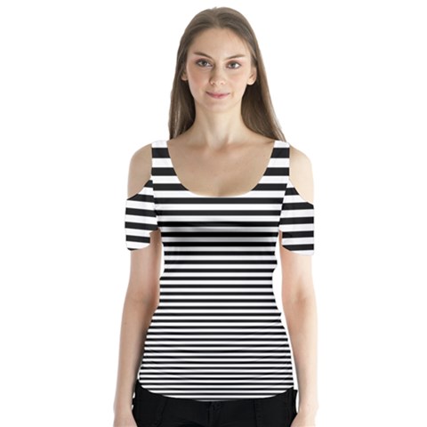 Black White Line Butterfly Sleeve Cutout Tee  by Mariart