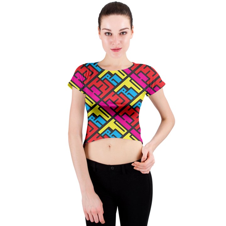 Color Red Yellow Blue Graffiti Crew Neck Crop Top