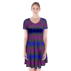 Diamond Alt Blue Purple Woven Fabric Short Sleeve V-neck Flare Dress by Mariart