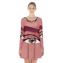 Eye Difficulty Red Long Sleeve Velvet V-neck Dress by Mariart