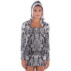 Flower Floral Grey Black Leaf Women s Long Sleeve Hooded T-shirt by Mariart