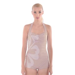 Hibiscus Sakura Toasted Almond Grey Boyleg Halter Swimsuit  by Mariart