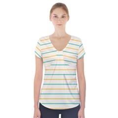 Horizontal Line Yellow Blue Orange Short Sleeve Front Detail Top