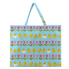 Easter - Chick And Tulips Zipper Large Tote Bag by Valentinaart