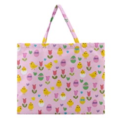 Easter - Chick And Tulips Zipper Large Tote Bag by Valentinaart