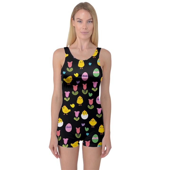 Easter - chick and tulips One Piece Boyleg Swimsuit