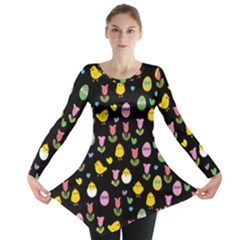 Easter - Chick And Tulips Long Sleeve Tunic  by Valentinaart