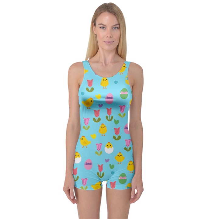 Easter - chick and tulips One Piece Boyleg Swimsuit