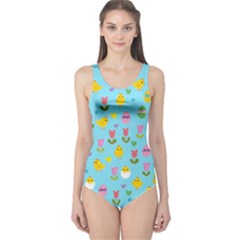 Easter - Chick And Tulips One Piece Swimsuit by Valentinaart