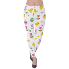 Easter - Chick And Tulips Velvet Leggings by Valentinaart