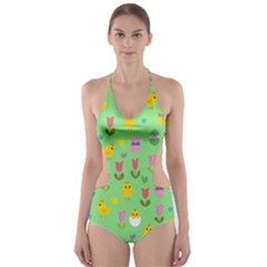 Easter - Chick And Tulips Cut-out One Piece Swimsuit by Valentinaart