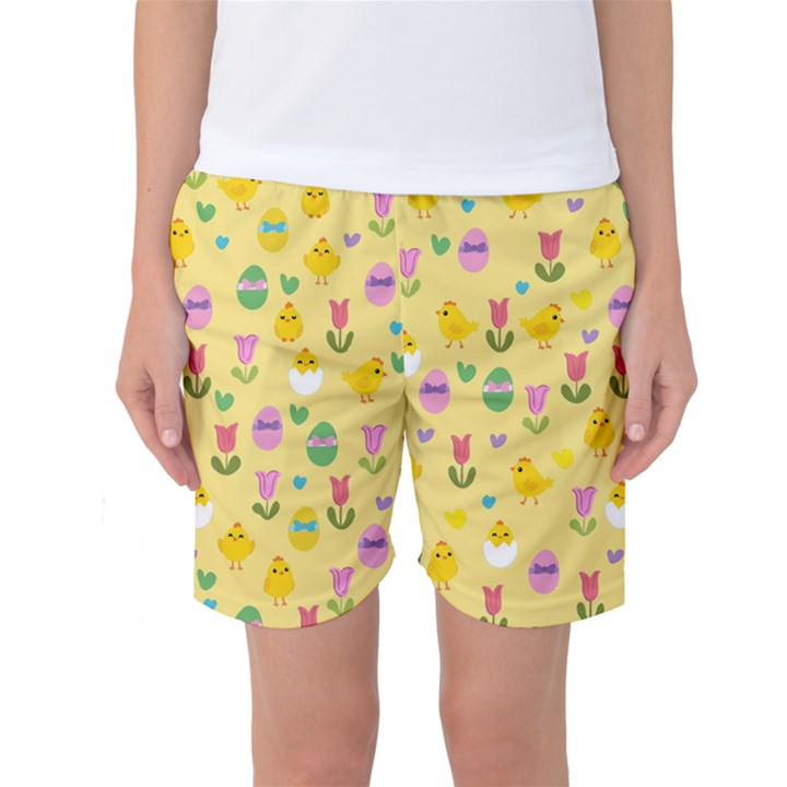 Easter - chick and tulips Women s Basketball Shorts