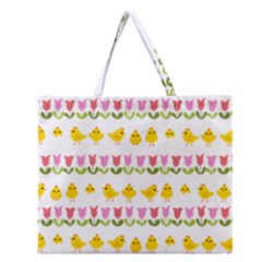 Easter - Chick And Tulips Zipper Large Tote Bag by Valentinaart