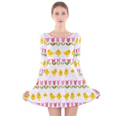 Easter - Chick And Tulips Long Sleeve Velvet Skater Dress by Valentinaart