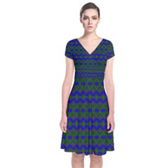 Split Diamond Blue Green Woven Fabric Short Sleeve Front Wrap Dress by Mariart