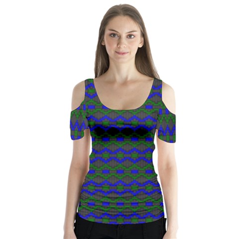 Split Diamond Blue Green Woven Fabric Butterfly Sleeve Cutout Tee  by Mariart