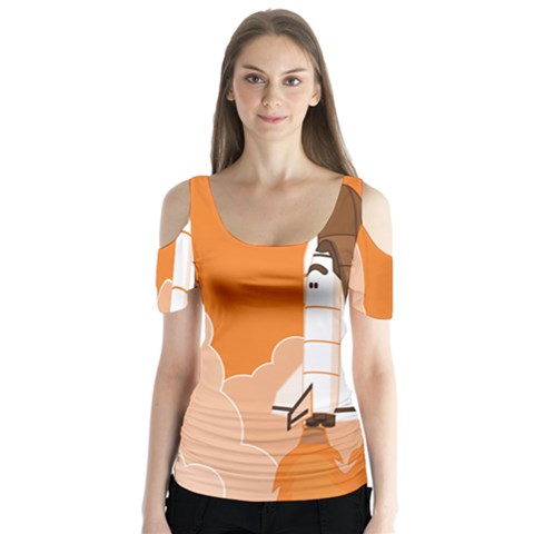 Rocket Space Ship Orange Butterfly Sleeve Cutout Tee  by Mariart