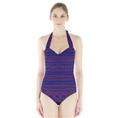 Split Diamond Blue Purple Woven Fabric Halter Swimsuit by Mariart