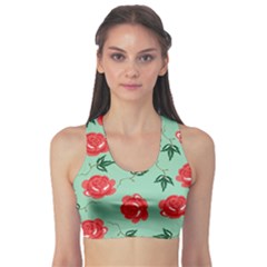 Red Floral Roses Pattern Wallpaper Background Seamless Illustration Sports Bra