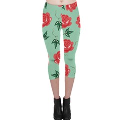 Red Floral Roses Pattern Wallpaper Background Seamless Illustration Capri Leggings 