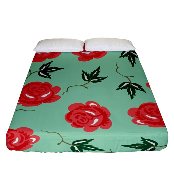 Red Floral Roses Pattern Wallpaper Background Seamless Illustration Fitted Sheet (Queen Size)