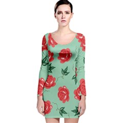 Red Floral Roses Pattern Wallpaper Background Seamless Illustration Long Sleeve Velvet Bodycon Dress