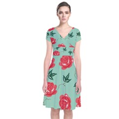 Red Floral Roses Pattern Wallpaper Background Seamless Illustration Short Sleeve Front Wrap Dress