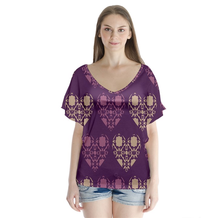 Purple Hearts Seamless Pattern Flutter Sleeve Top