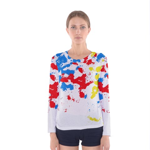 Paint Splatter Digitally Created Blue Red And Yellow Splattering Of Paint On A White Background Women s Long Sleeve Tee by Nexatart